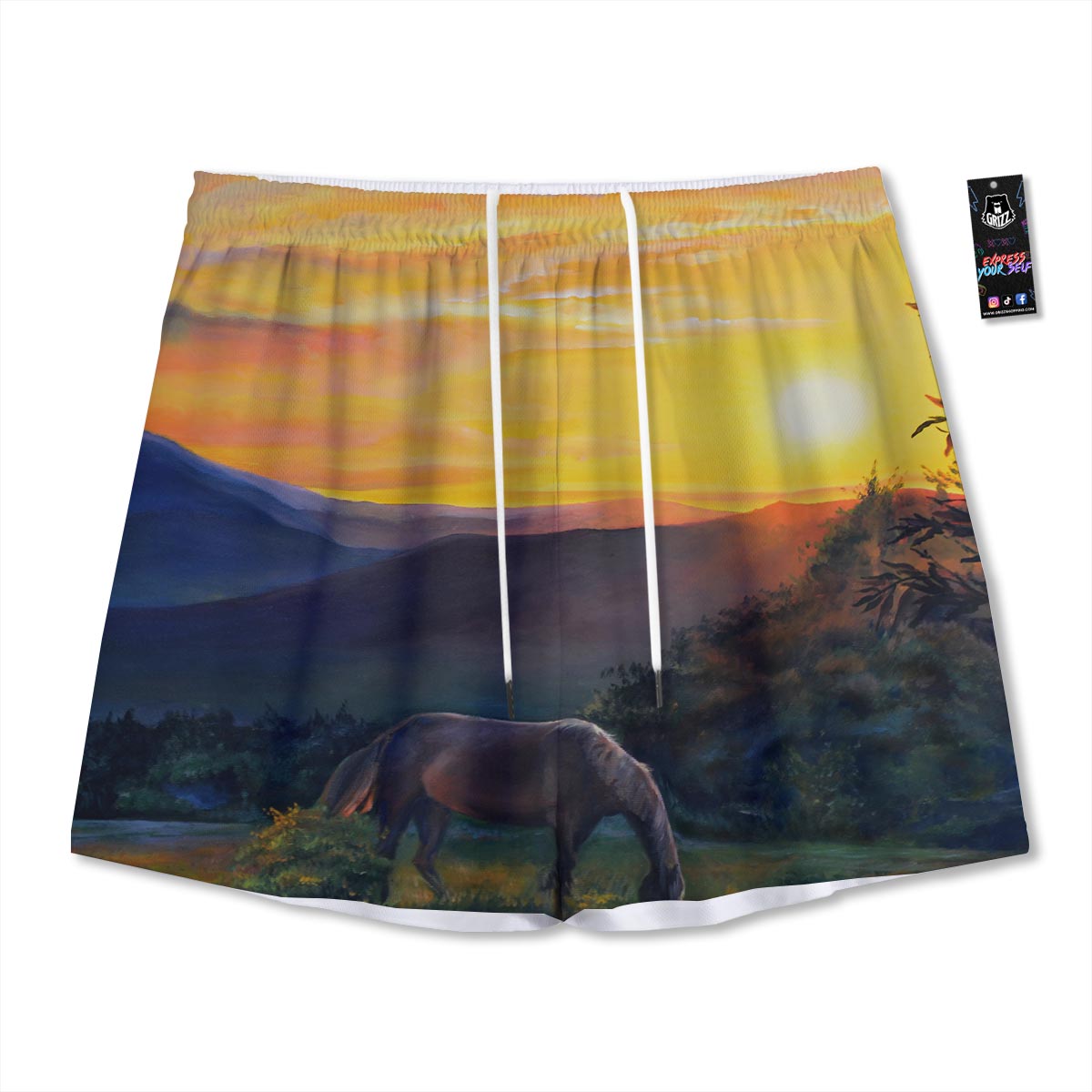 Painting Sunset Horse Print Mesh Shorts