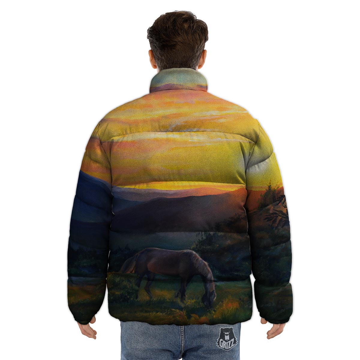 Painting Sunset Horse Print Puffer Jacket-grizzshop