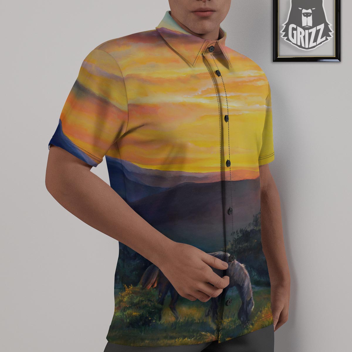 Painting Sunset Horse Print Untucked Shirts-grizzshop