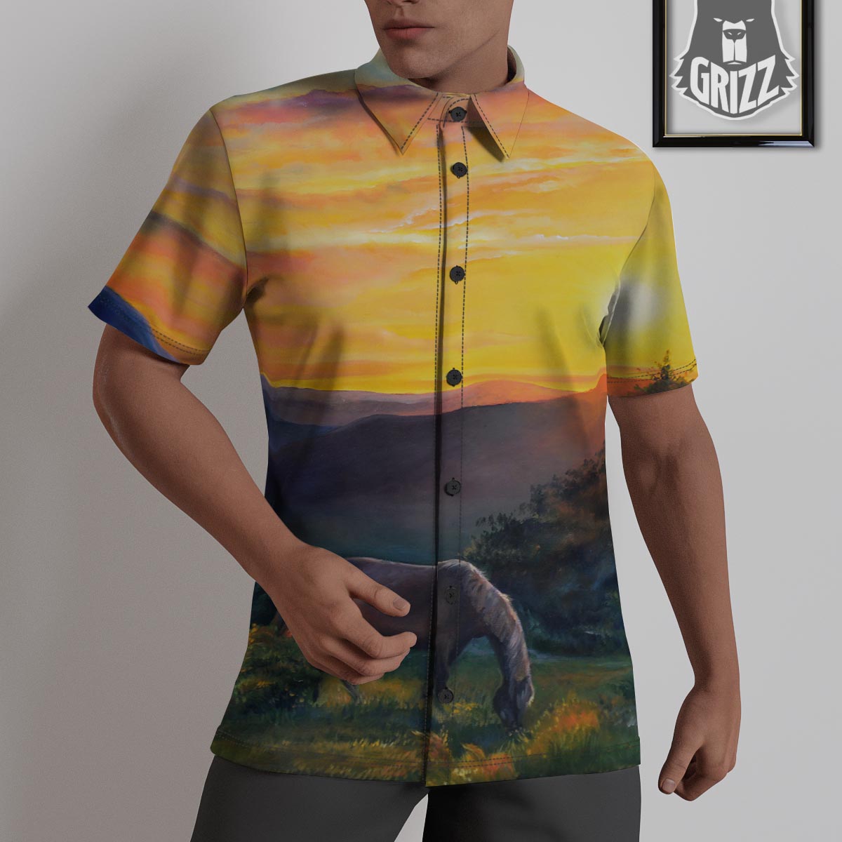 Painting Sunset Horse Print Untucked Shirts-grizzshop