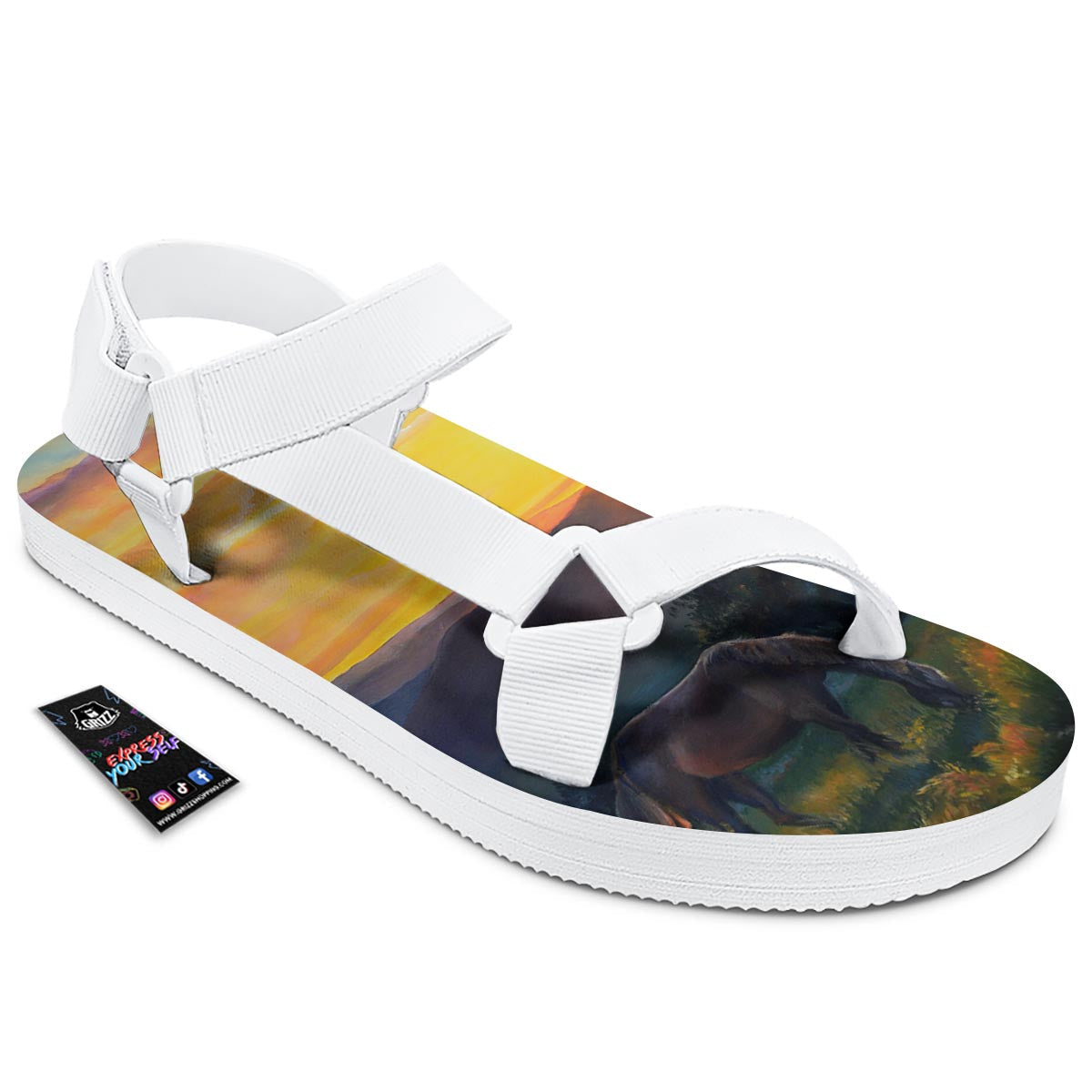 Painting Sunset Horse Print White Open Toe Sandals-grizzshop