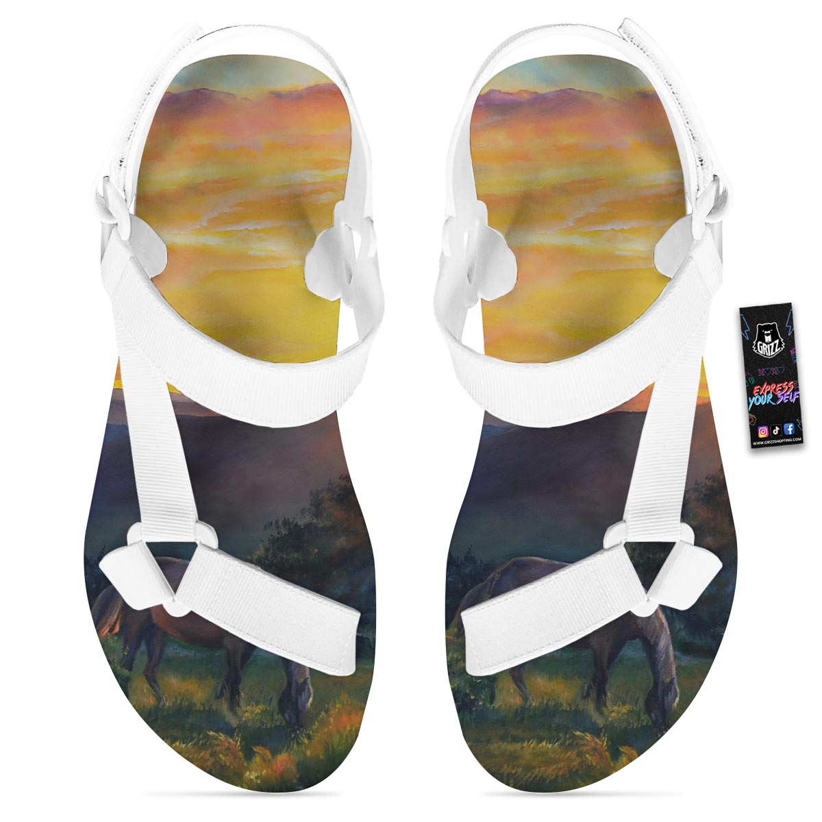 Painting Sunset Horse Print White Open Toe Sandals-grizzshop