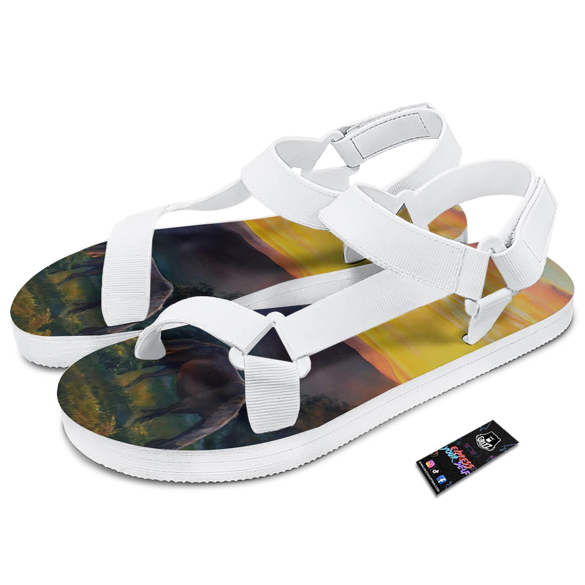 Painting Sunset Horse Print White Open Toe Sandals-grizzshop
