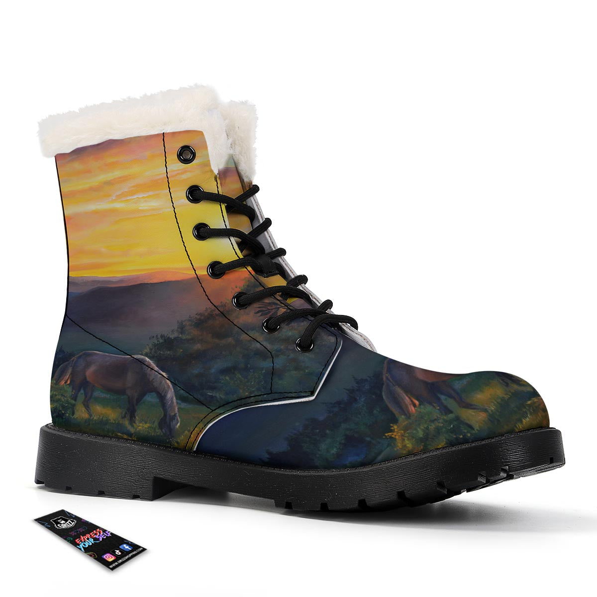 Painting Sunset Horse Print Winter Boots-grizzshop