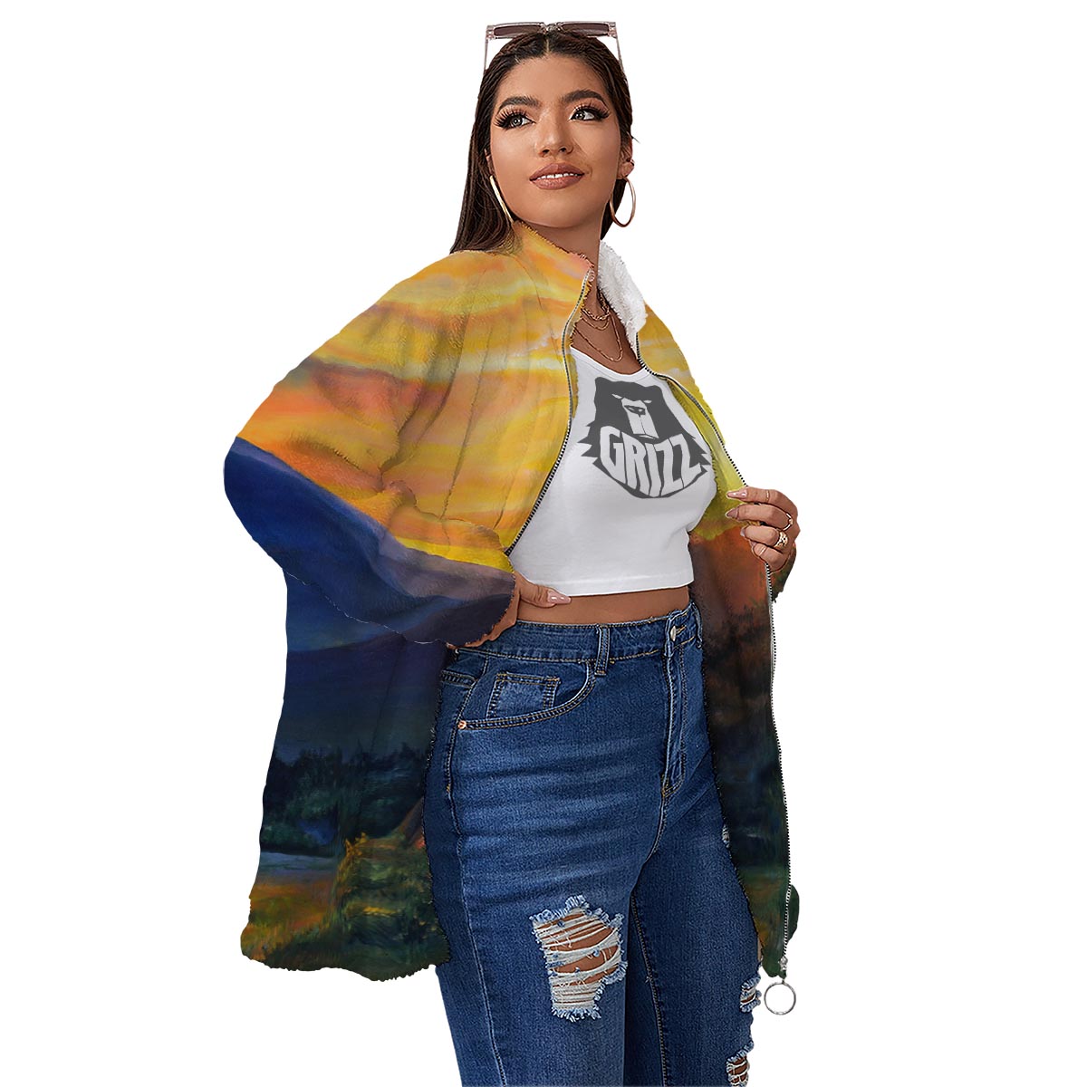 Painting Sunset Horse Print Women's Sherpa Jacket-grizzshop