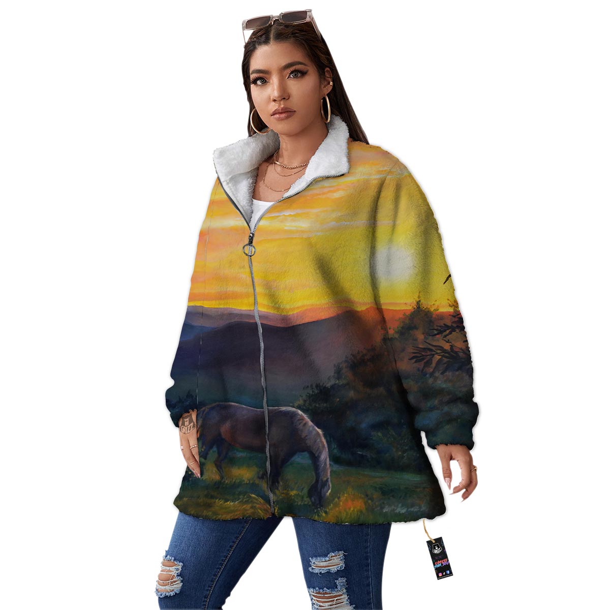 Painting Sunset Horse Print Women's Sherpa Jacket-grizzshop