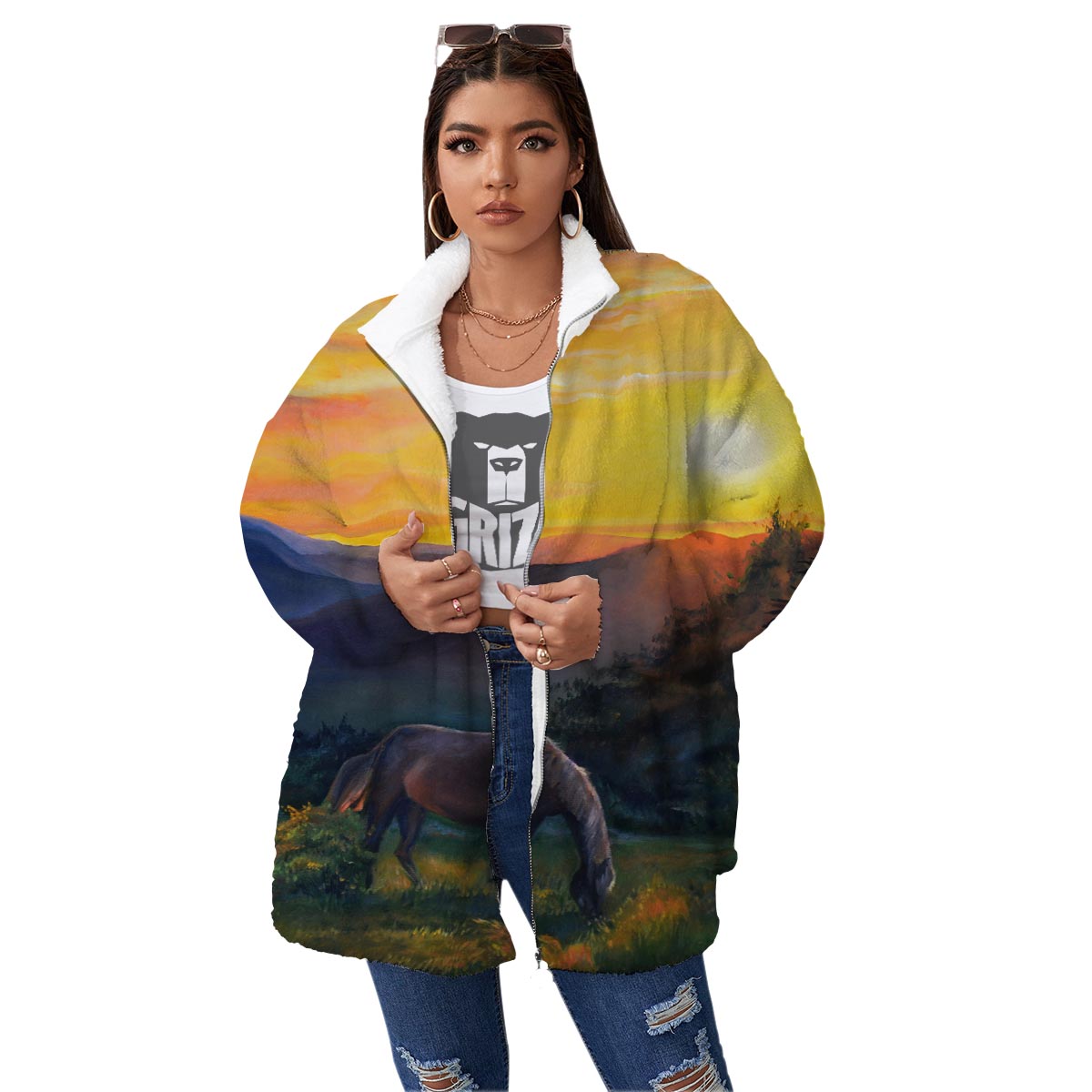 Painting Sunset Horse Print Women's Sherpa Jacket-grizzshop
