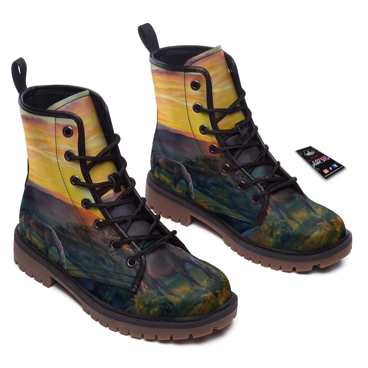 Painting Sunset Horse Print Work Boots-grizzshop