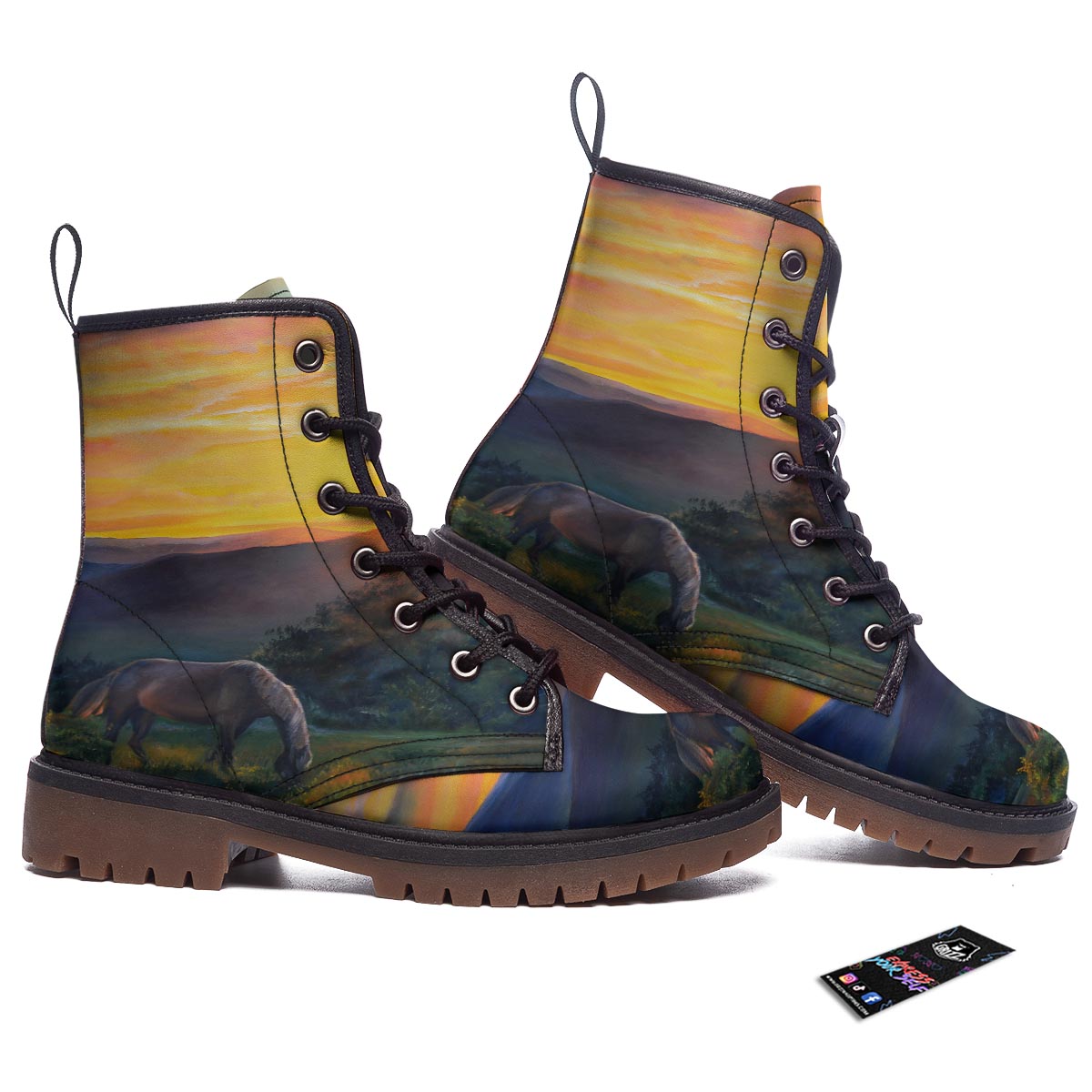 Painting Sunset Horse Print Work Boots-grizzshop