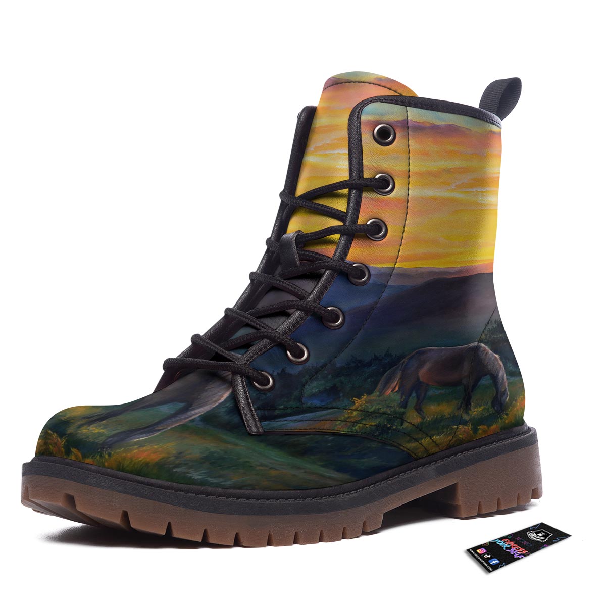 Painting Sunset Horse Print Work Boots-grizzshop