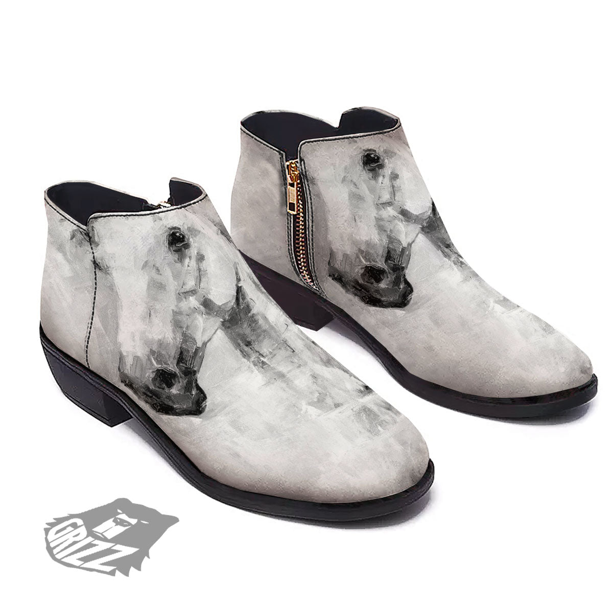 Painting White Horse Print Ankle Boots-grizzshop