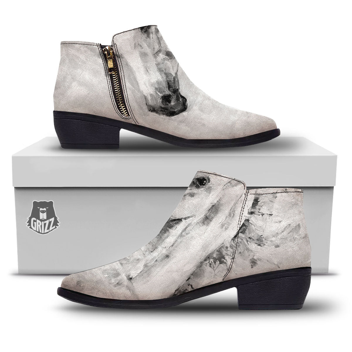 Painting White Horse Print Ankle Boots-grizzshop