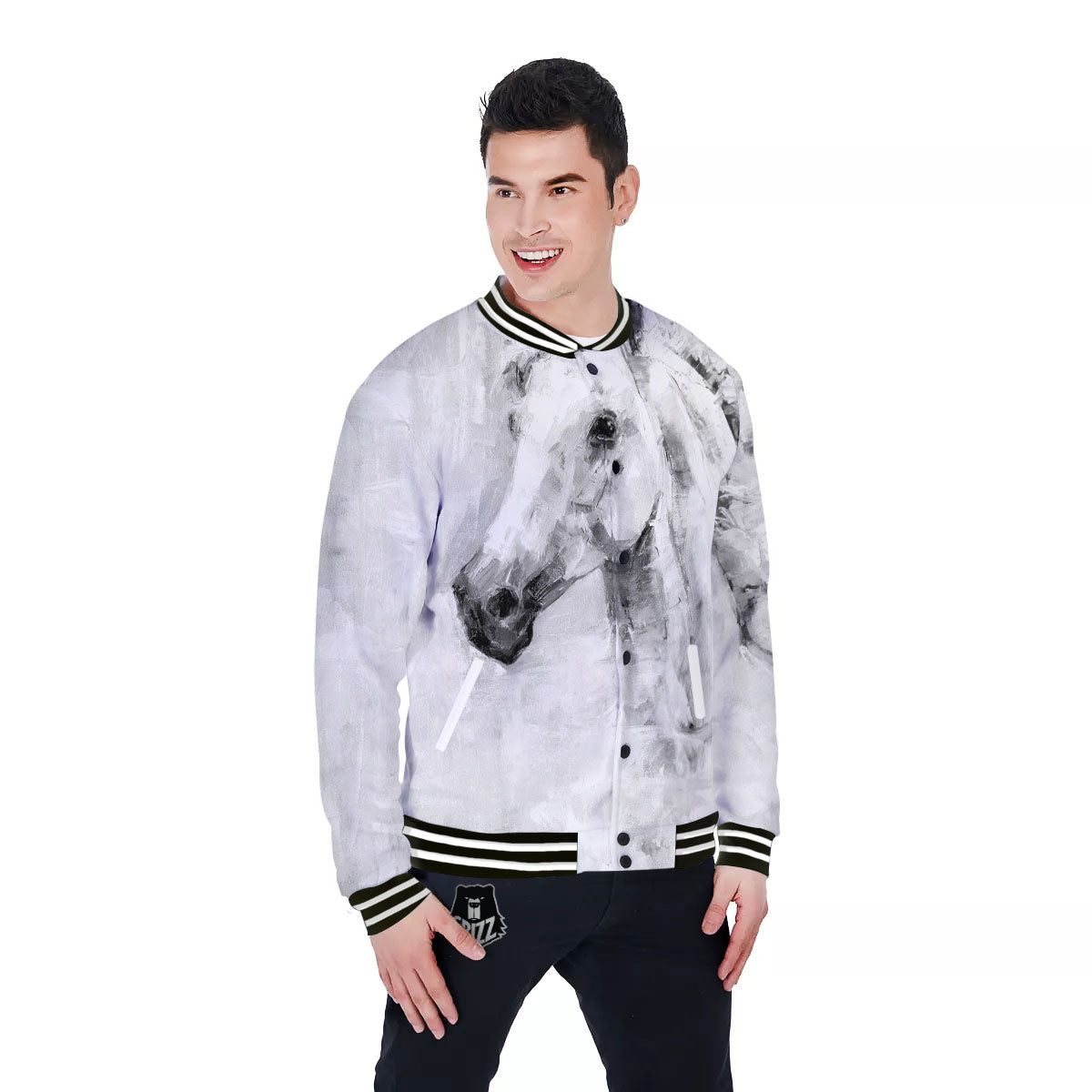 Painting White Horse Print Baseball Jacket-grizzshop
