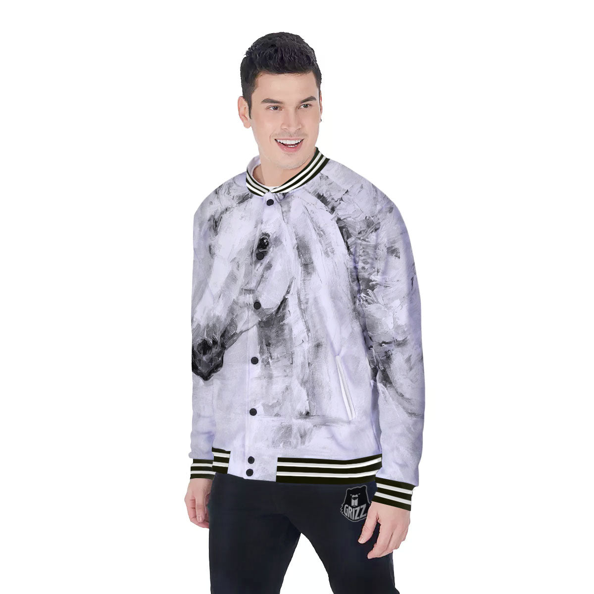 Painting White Horse Print Baseball Jacket-grizzshop