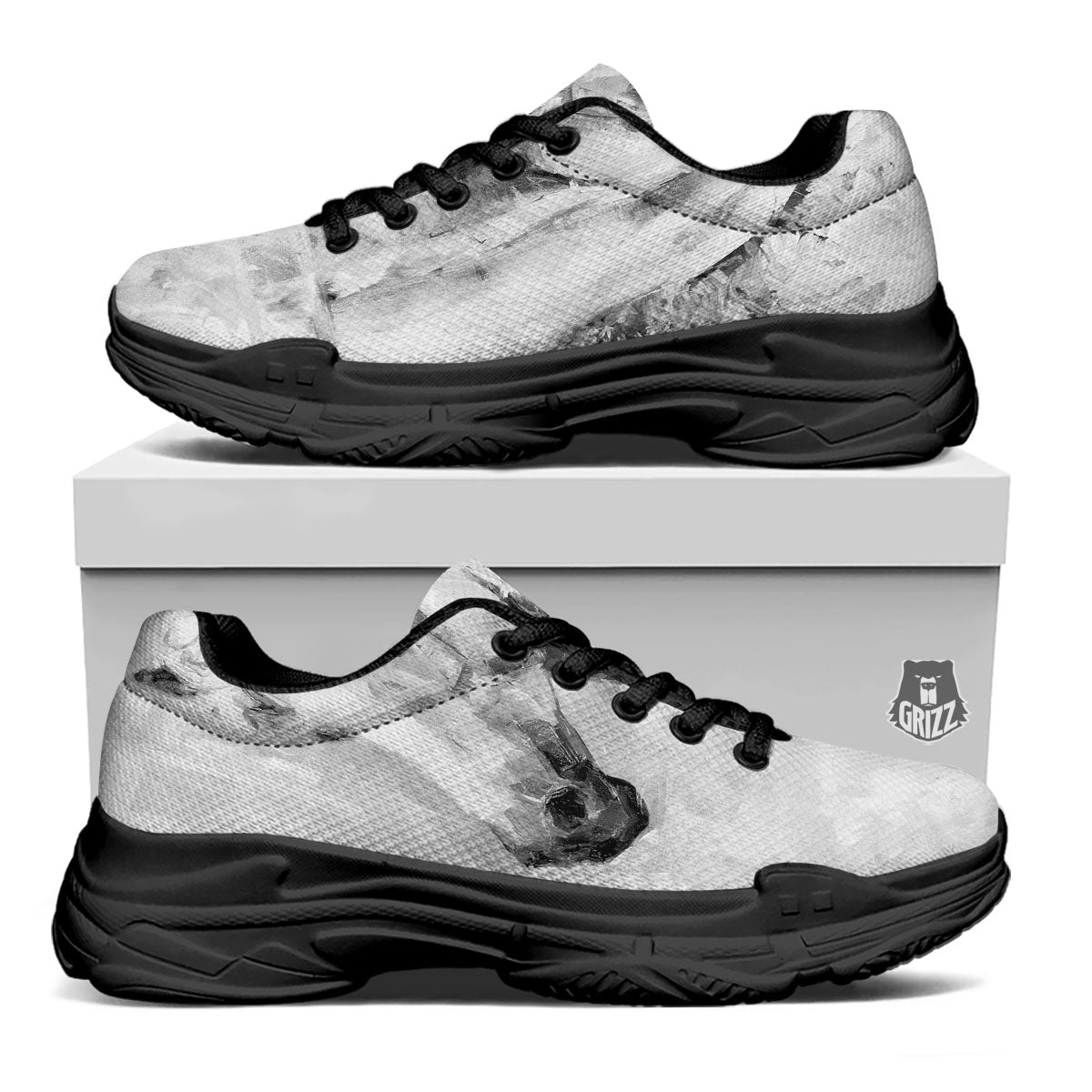 Painting White Horse Print Black Chunky Shoes-grizzshop