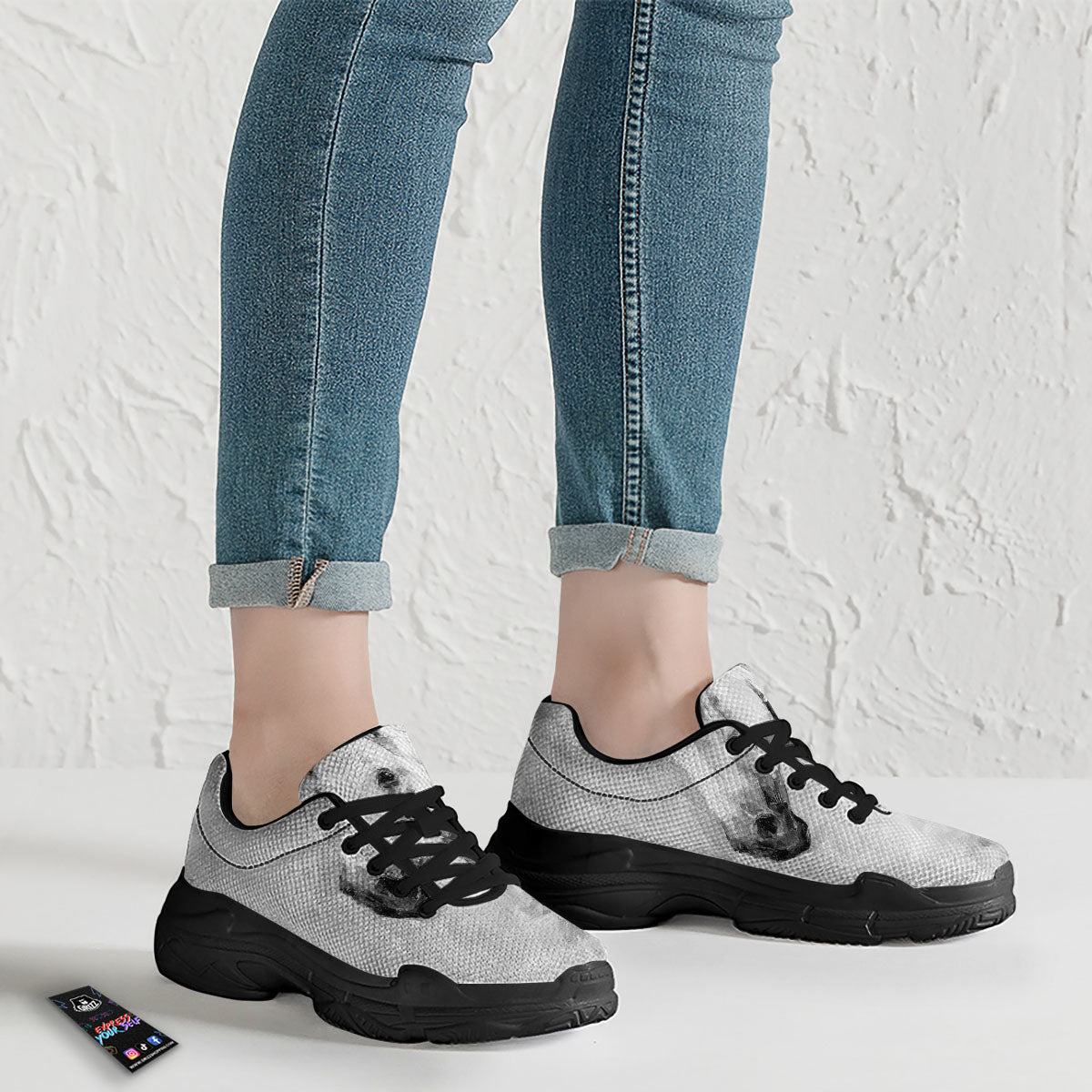 Painting White Horse Print Black Chunky Shoes-grizzshop