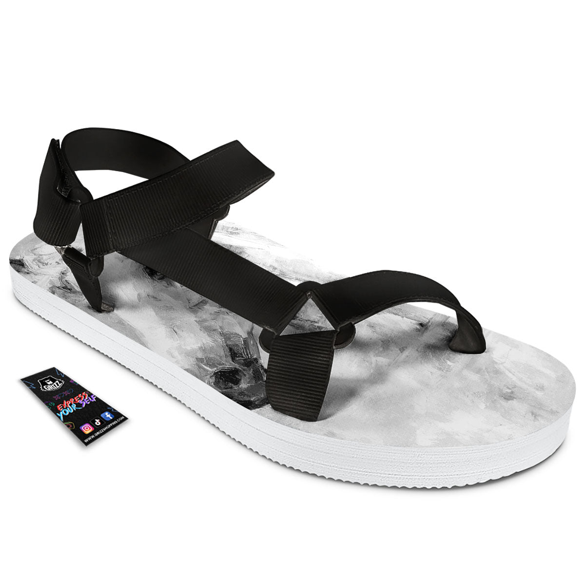 Painting White Horse Print Black Open Toe Sandals-grizzshop