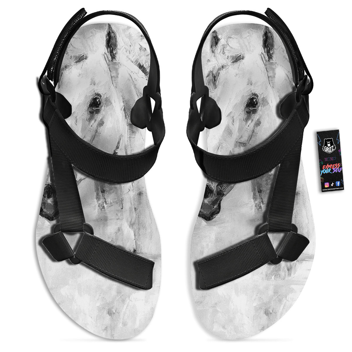 Painting White Horse Print Black Open Toe Sandals-grizzshop