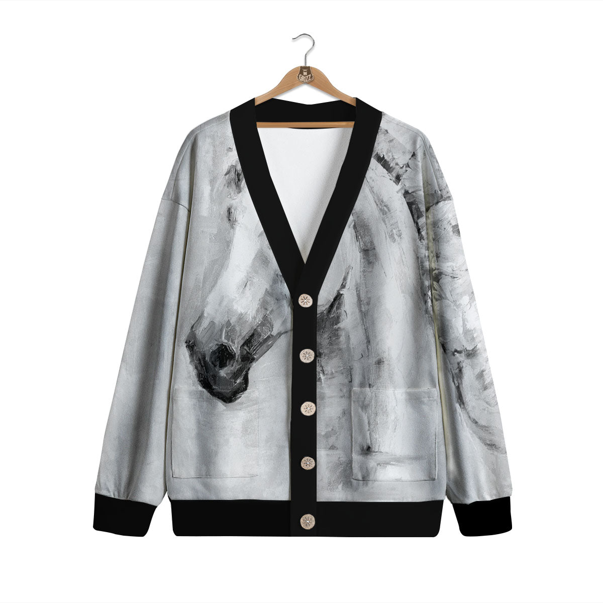Painting White Horse Print Cardigan-grizzshop