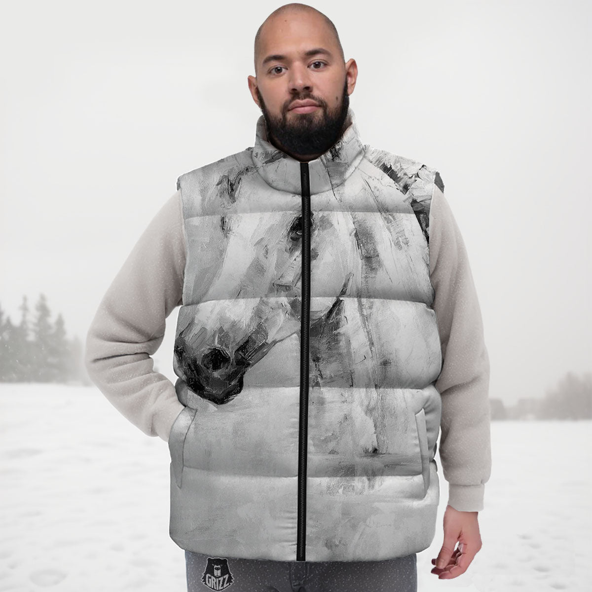 Painting White Horse Print Down Vest