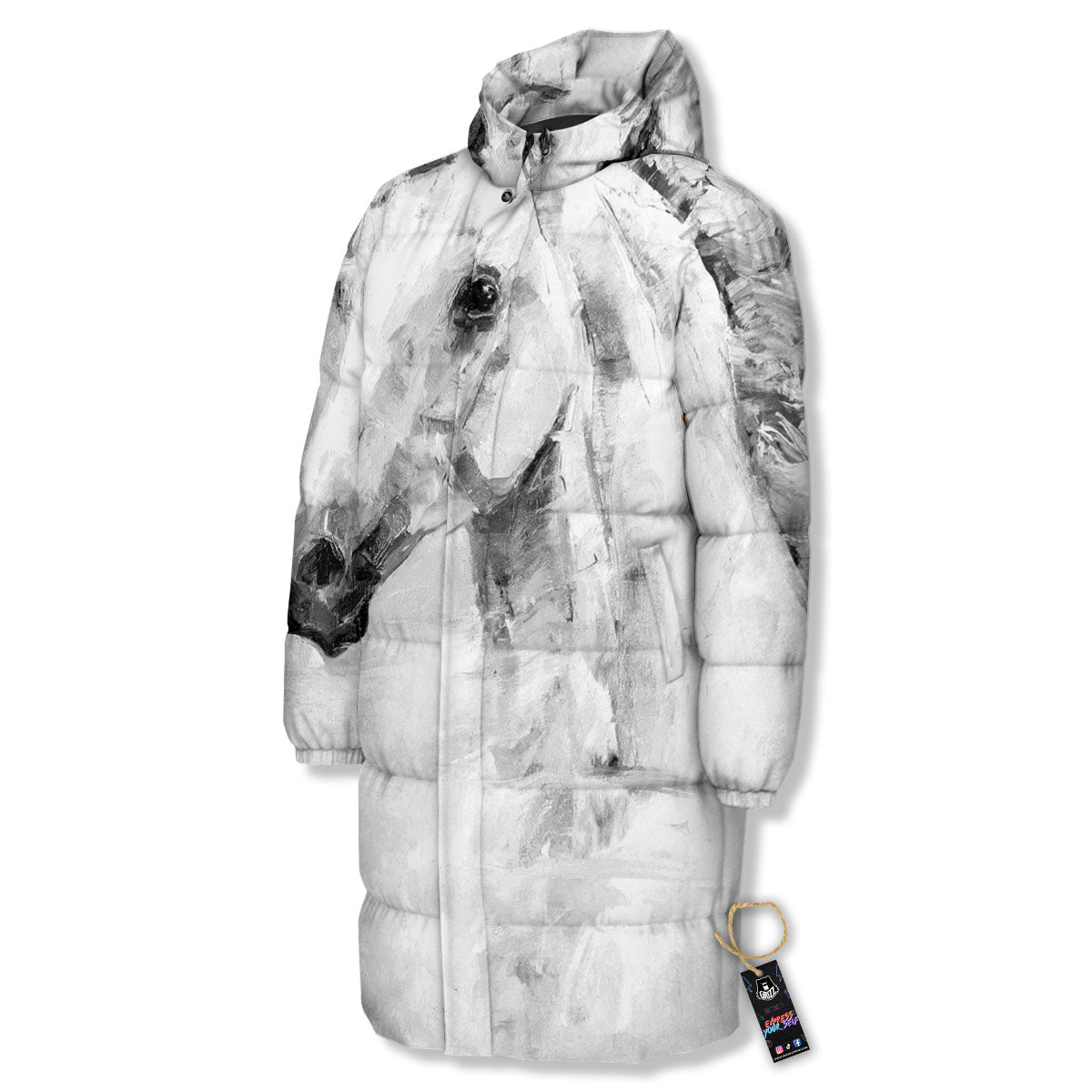 Painting White Horse Print Long Down Jacket-grizzshop