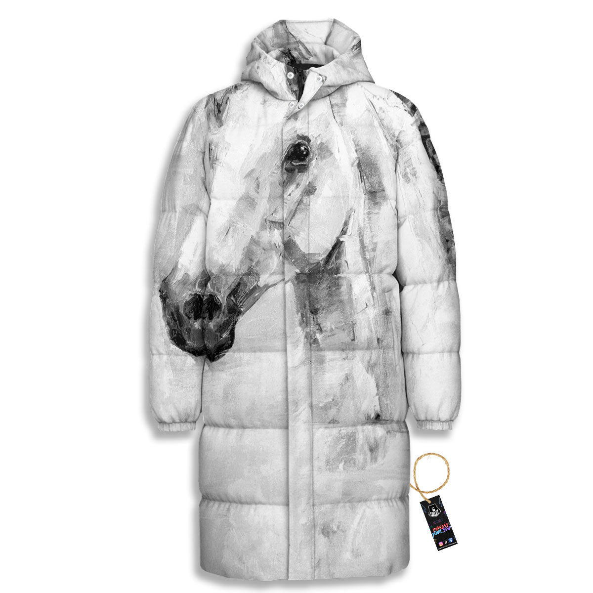 Painting White Horse Print Long Down Jacket-grizzshop