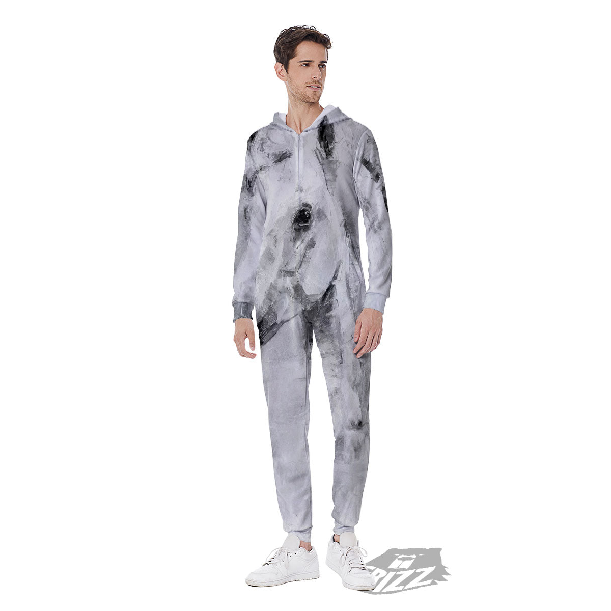 Painting White Horse Print Men's Jumpsuit-grizzshop