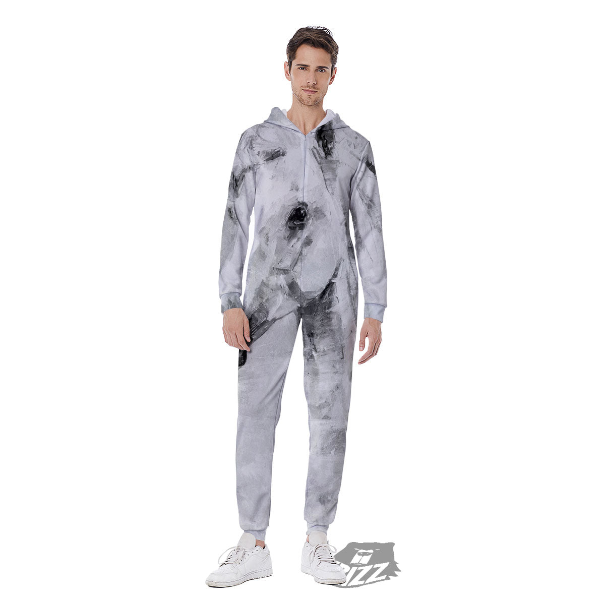 Painting White Horse Print Men's Jumpsuit-grizzshop