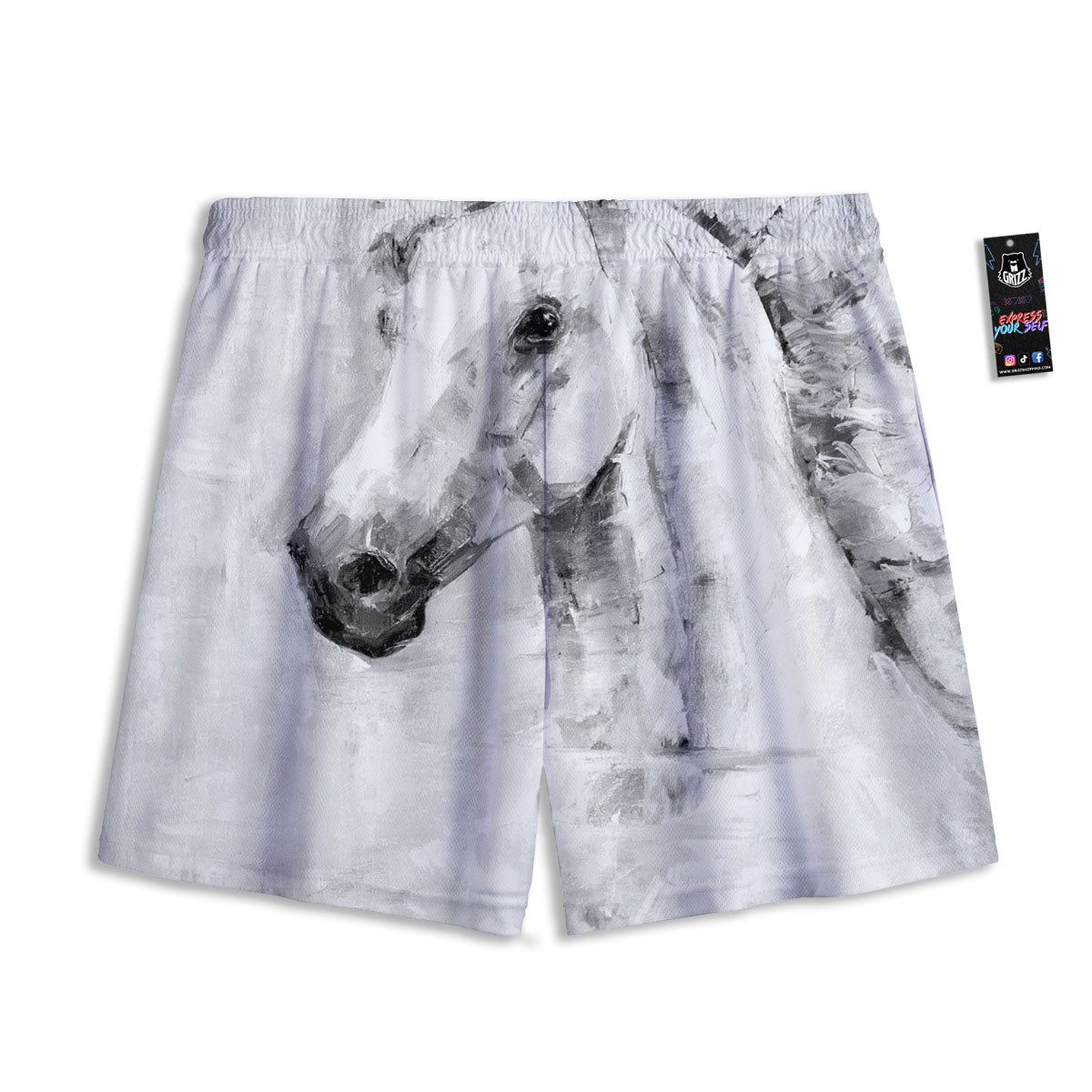 Painting White Horse Print Mesh Shorts