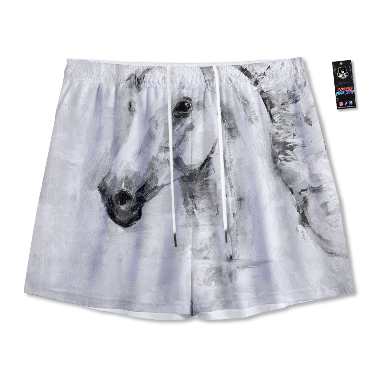 Painting White Horse Print Mesh Shorts