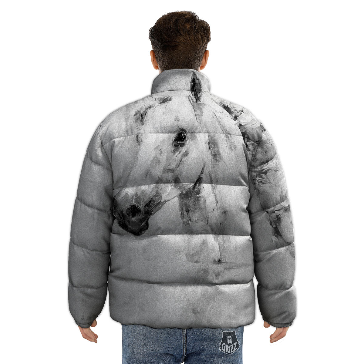 Painting White Horse Print Puffer Jacket-grizzshop