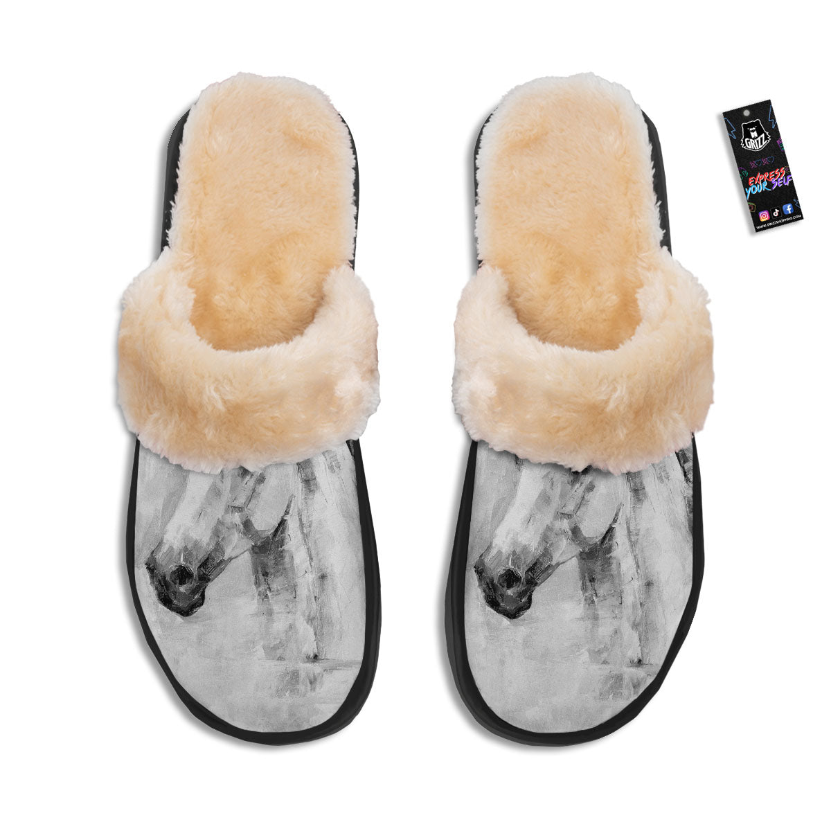 Painting White Horse Print Slippers-grizzshop