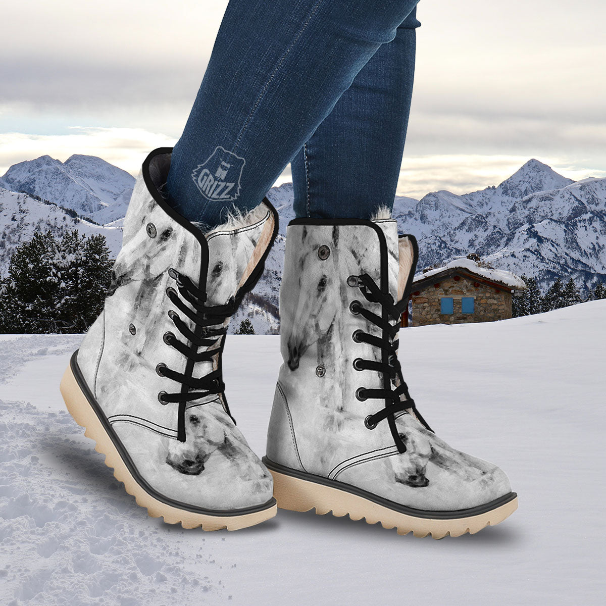 Painting White Horse Print Snow Boots-grizzshop