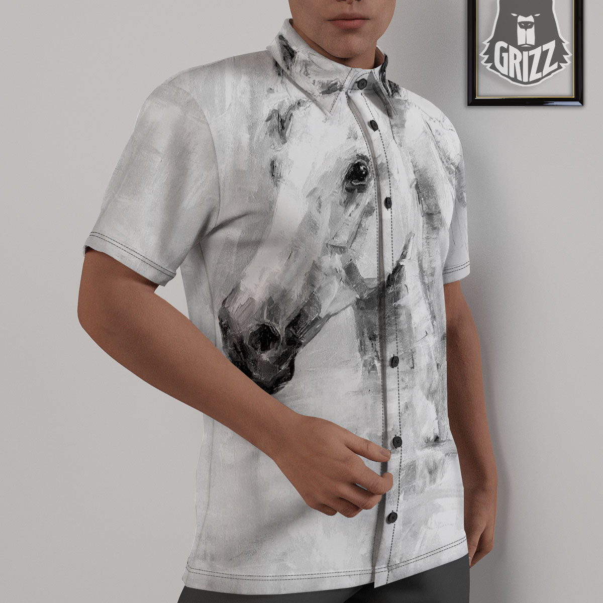 Painting White Horse Print Untucked Shirts-grizzshop