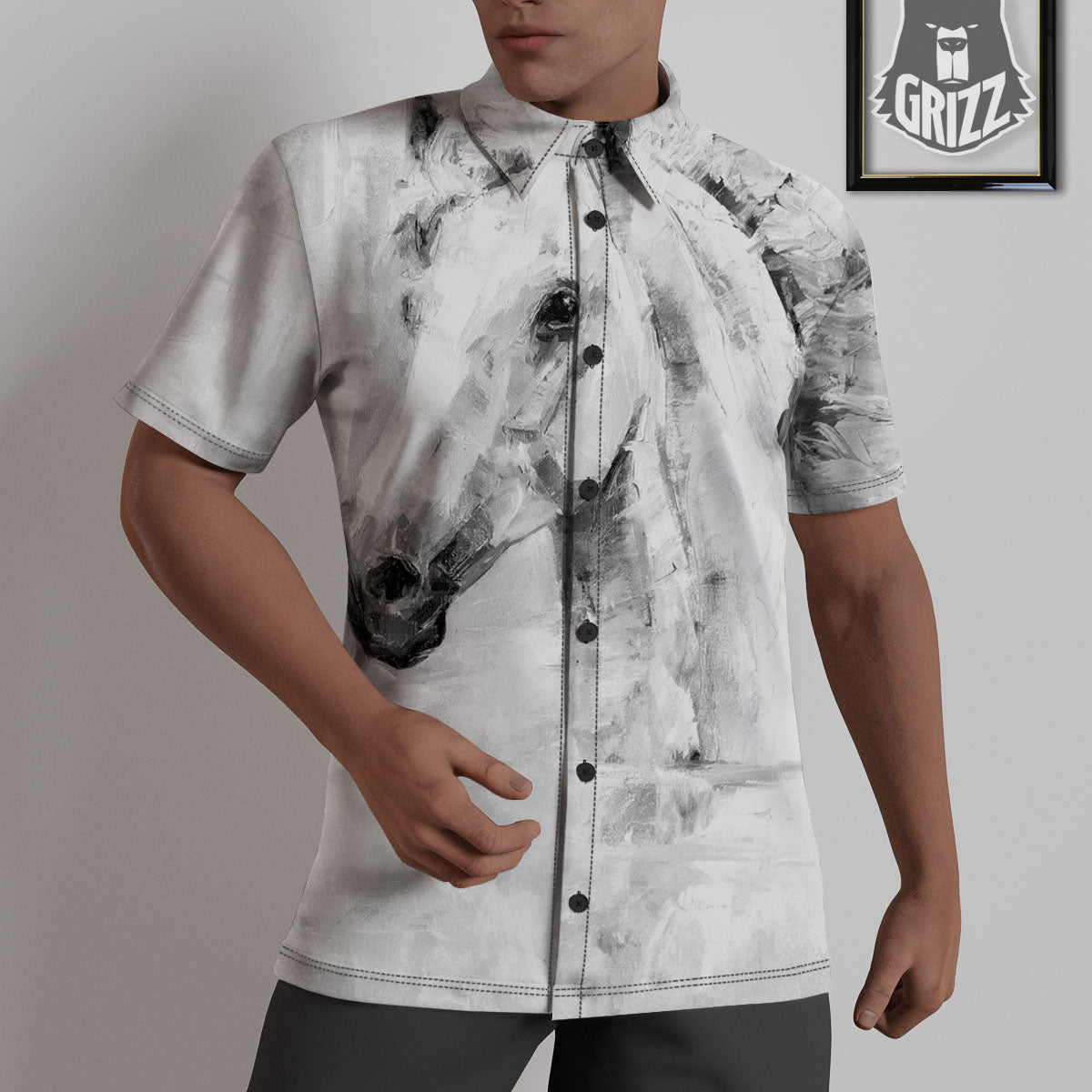 Painting White Horse Print Untucked Shirts-grizzshop