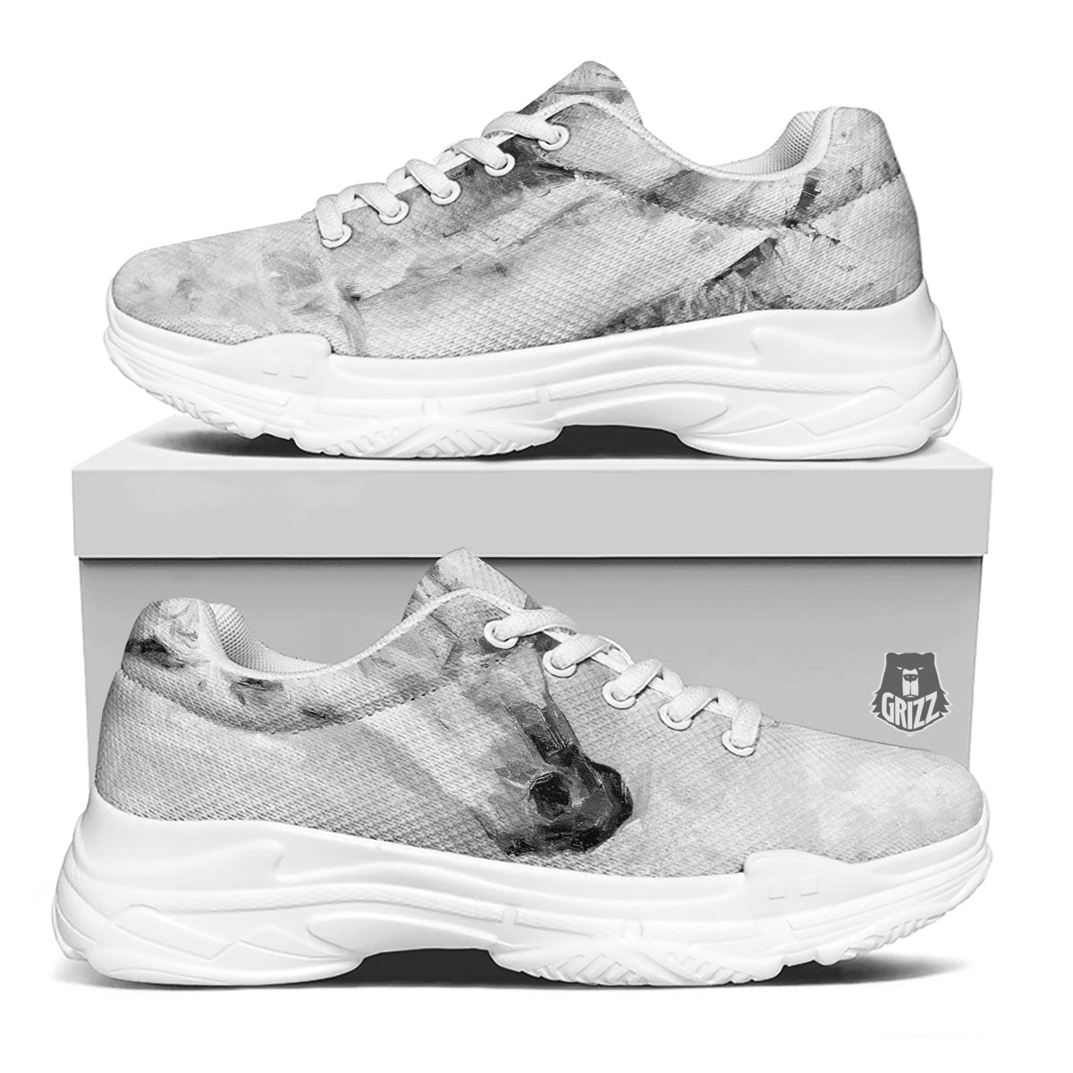 Painting White Horse Print White Chunky Shoes-grizzshop