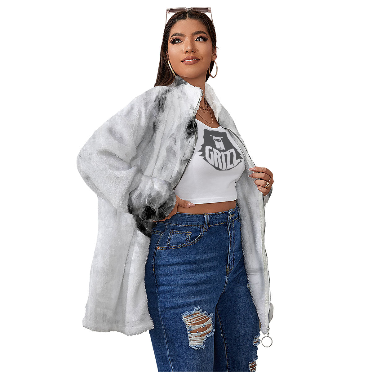Painting White Horse Print Women's Sherpa Jacket-grizzshop