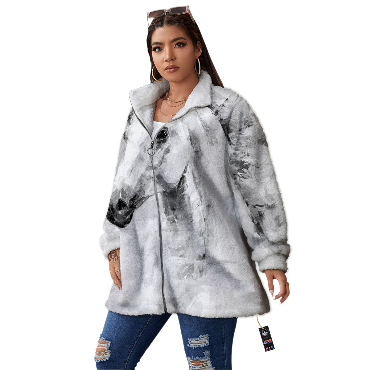 Painting White Horse Print Women's Sherpa Jacket-grizzshop