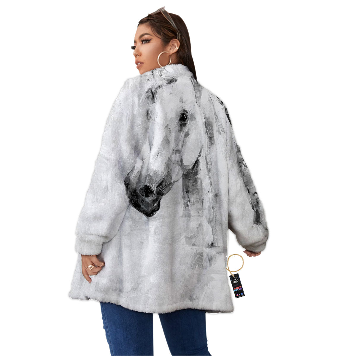 Painting White Horse Print Women's Sherpa Jacket-grizzshop