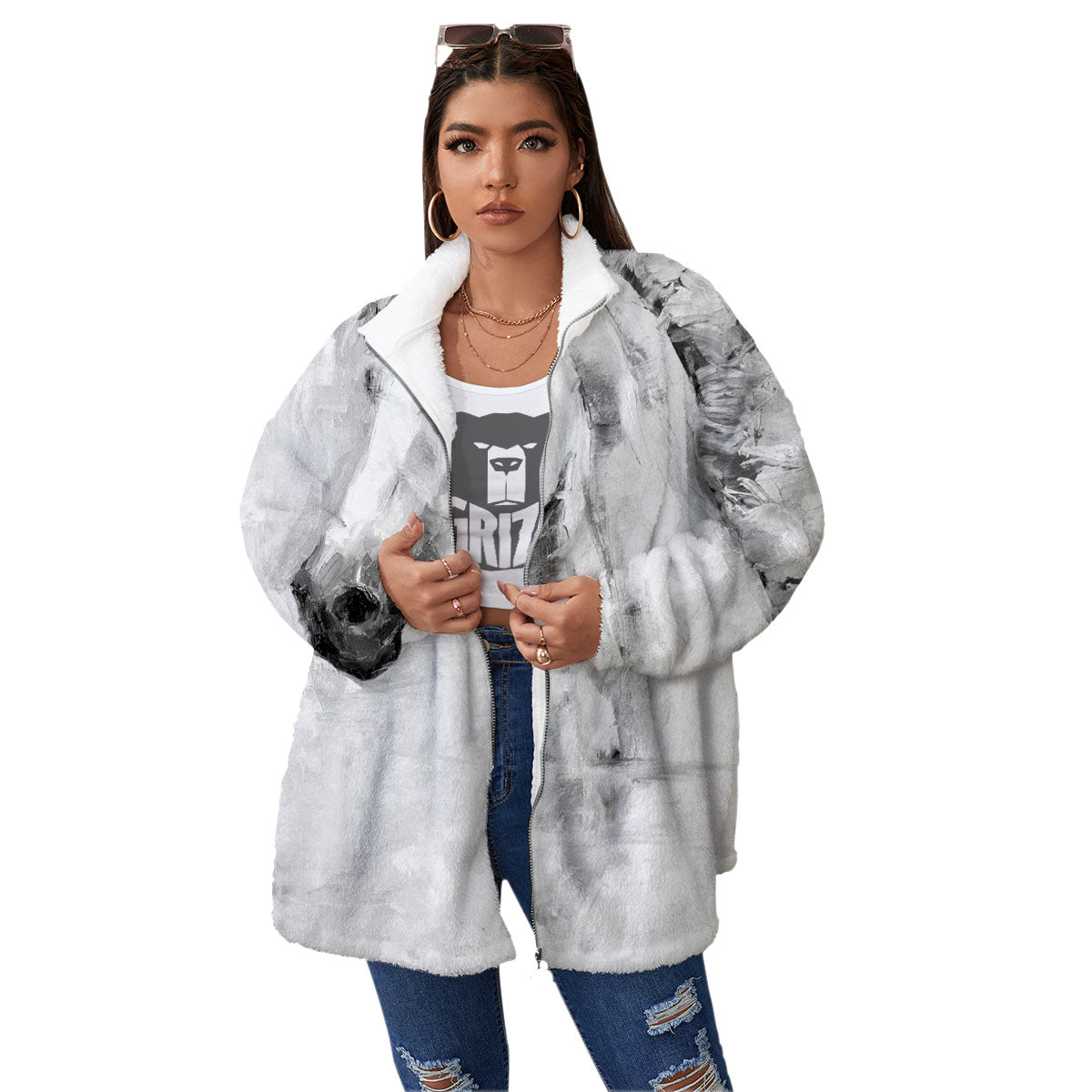 Painting White Horse Print Women's Sherpa Jacket-grizzshop