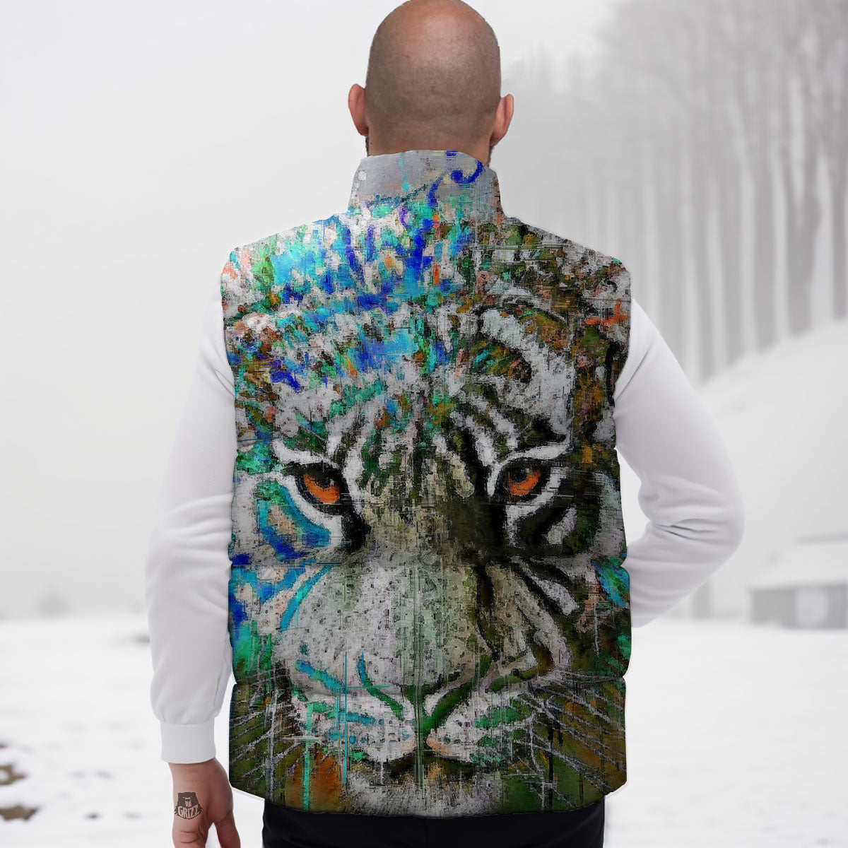 Painting White Tiger Print Down Vest