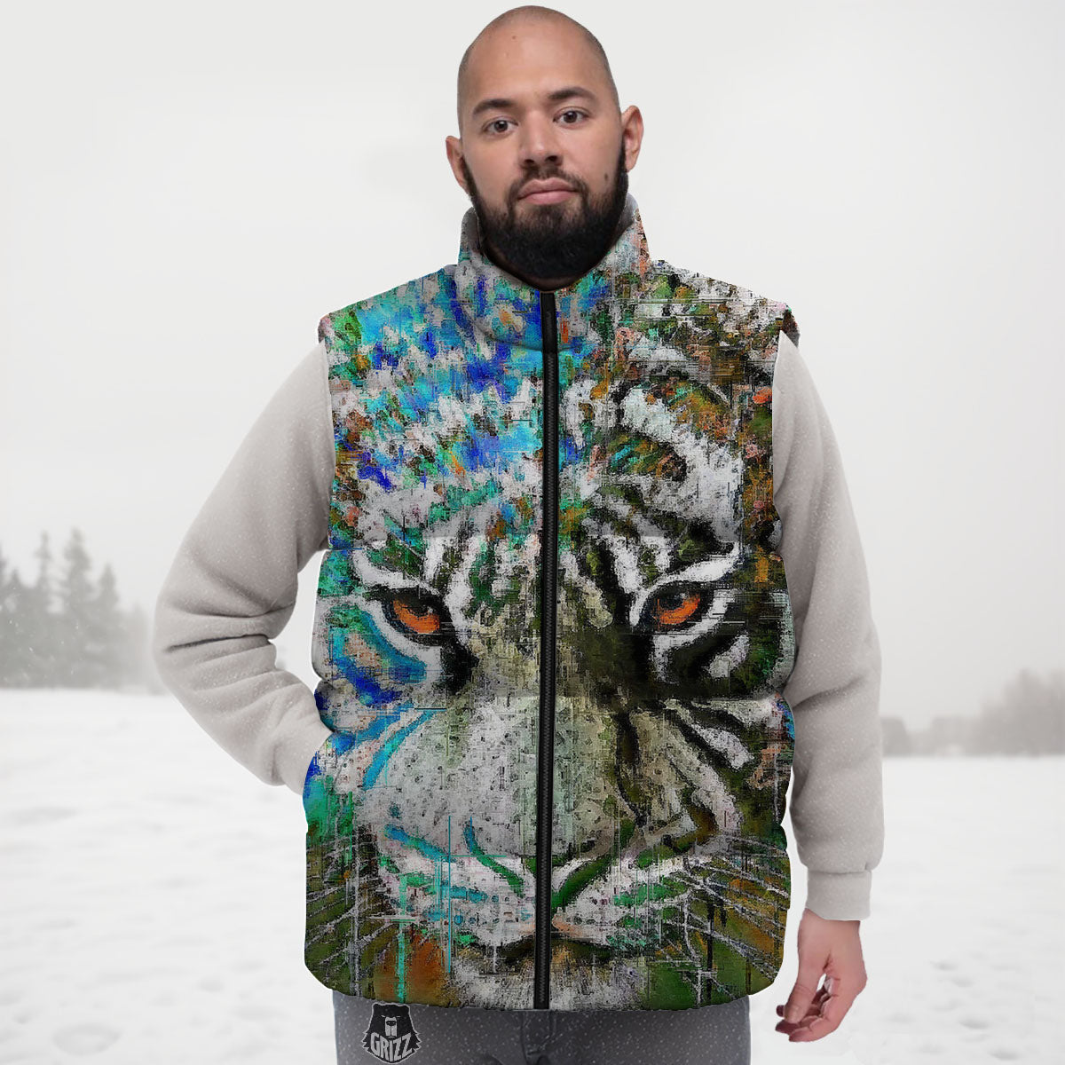 Painting White Tiger Print Down Vest