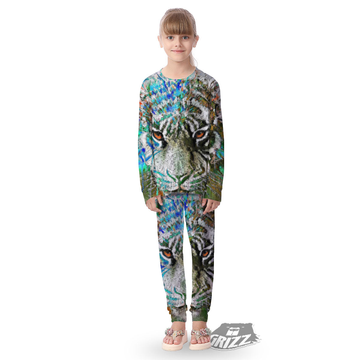 Painting White Tiger Print Kid's Pajamas-grizzshop