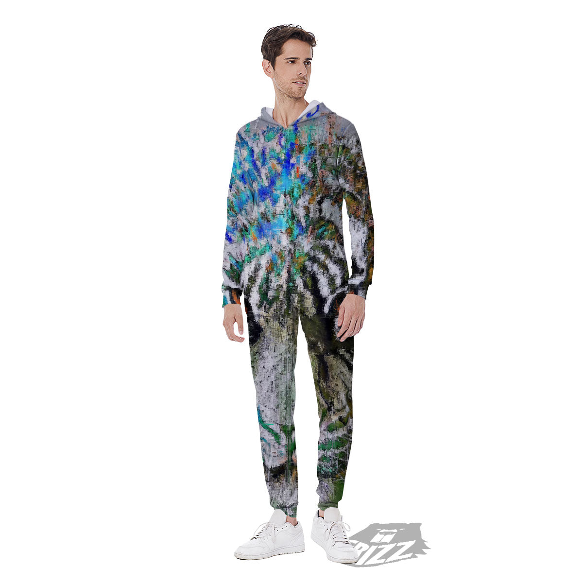 Painting White Tiger Print Men's Jumpsuit-grizzshop
