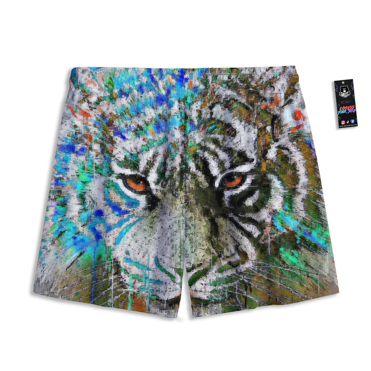 Painting White Tiger Print Mesh Shorts