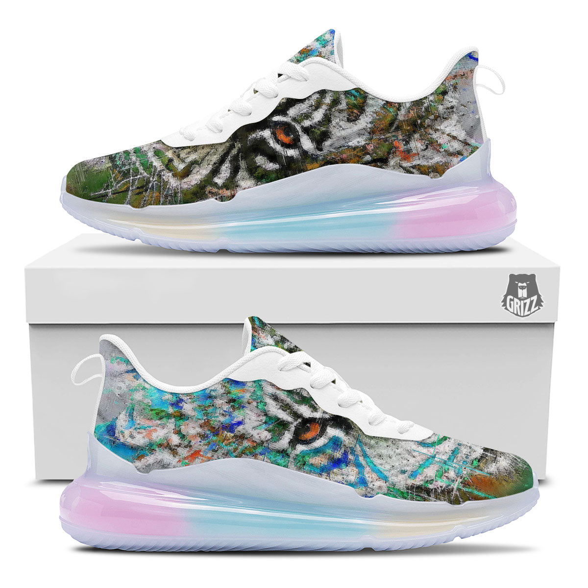 Painting White Tiger Print Running Sneakers-grizzshop