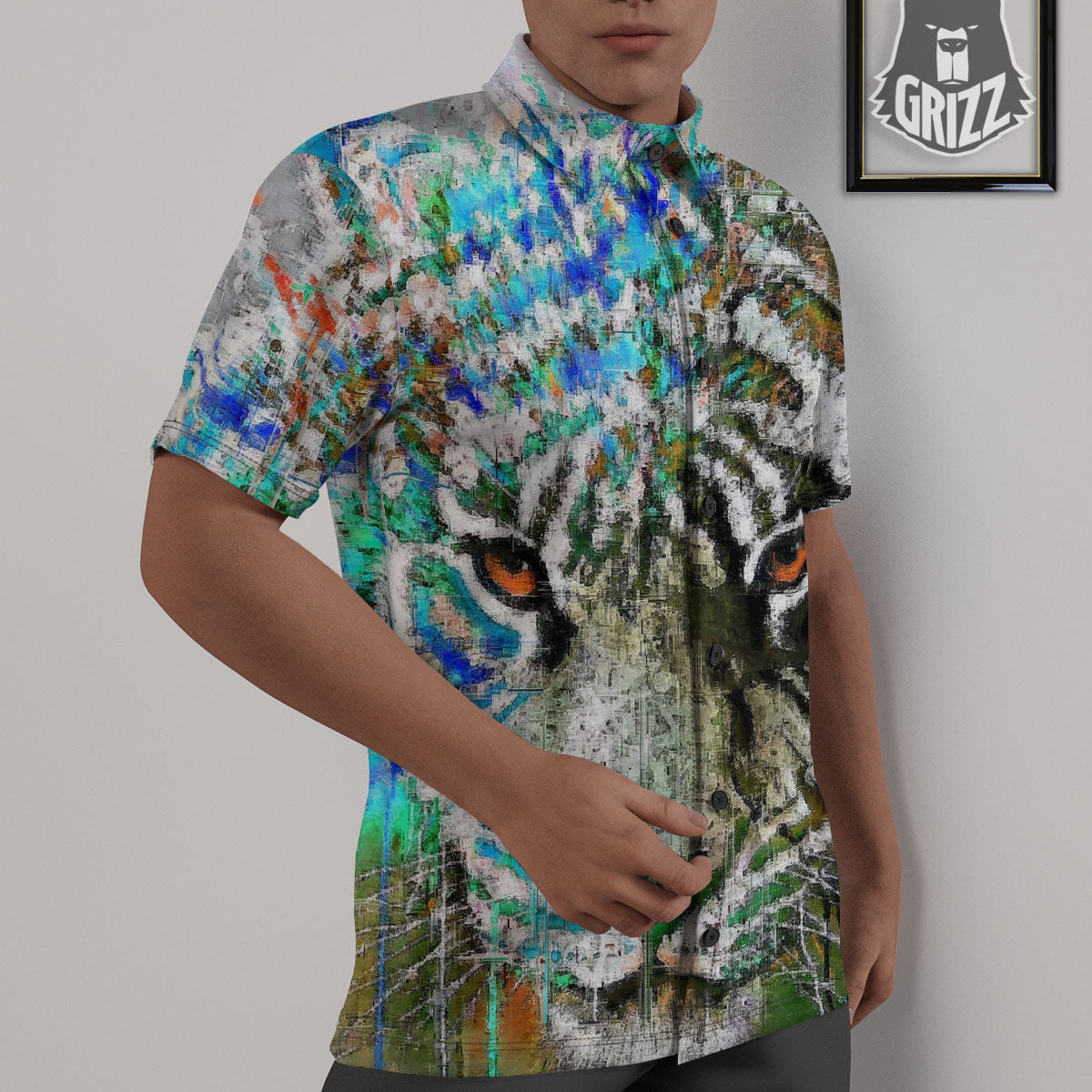 Painting White Tiger Print Untucked Shirts-grizzshop