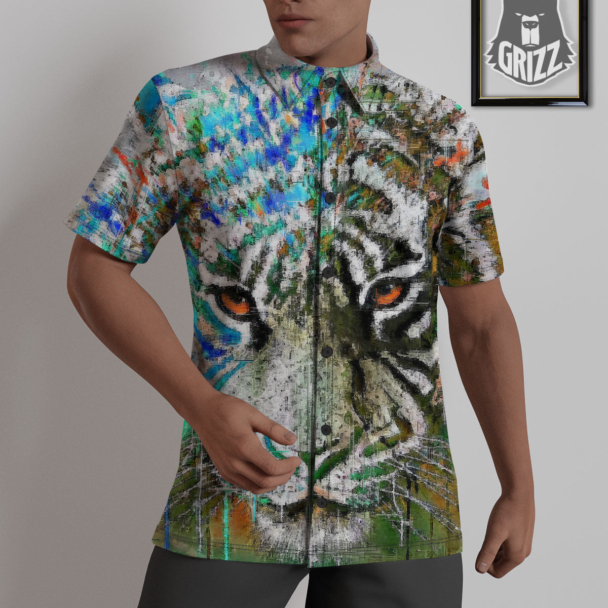 Painting White Tiger Print Untucked Shirts-grizzshop