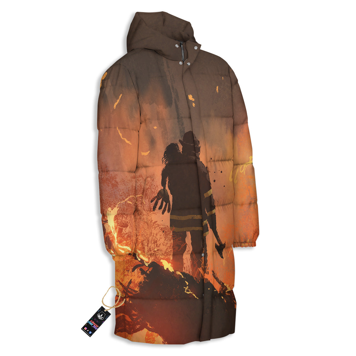 Painting Brave Firefighter Print Long Down Jacket