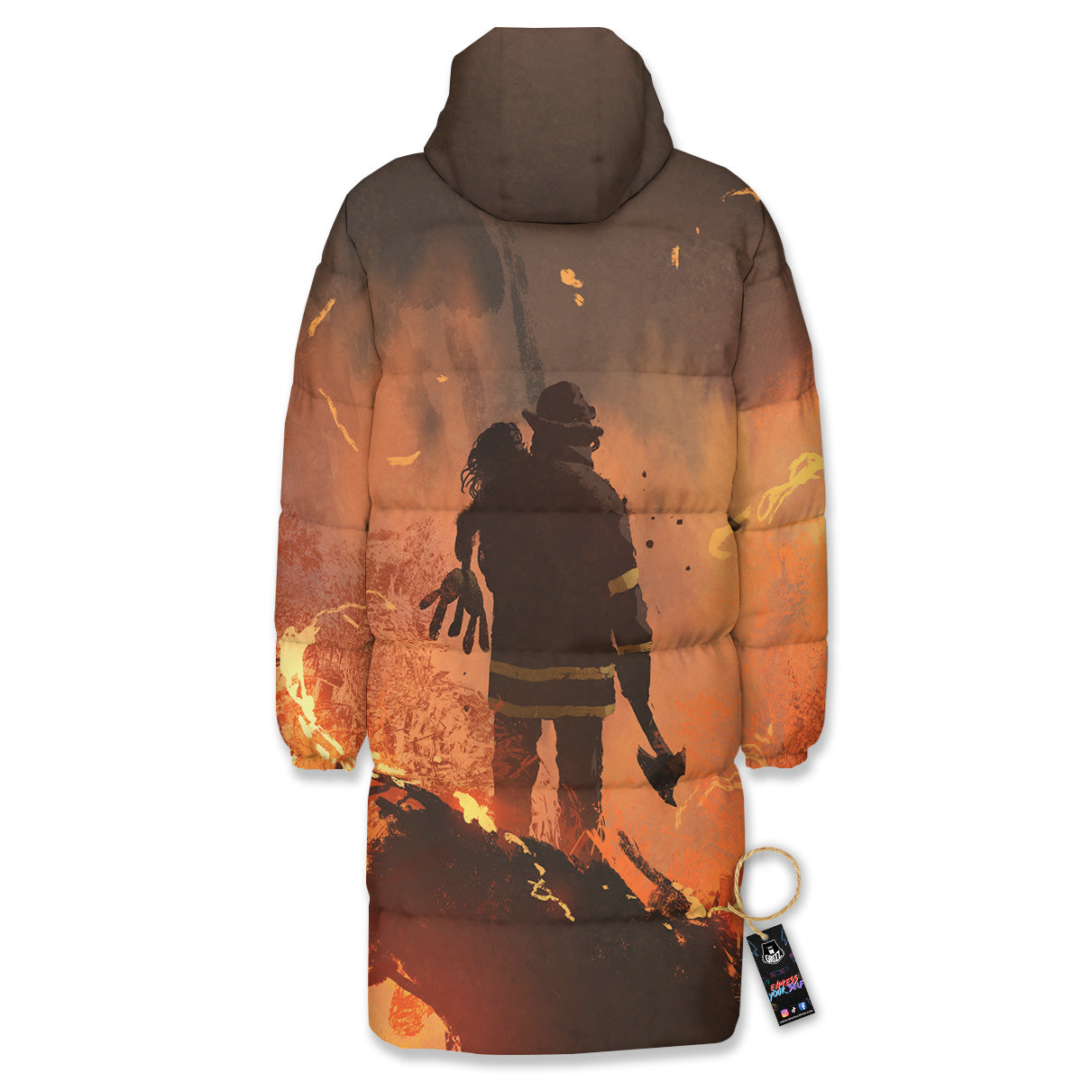 Painting Brave Firefighter Print Long Down Jacket